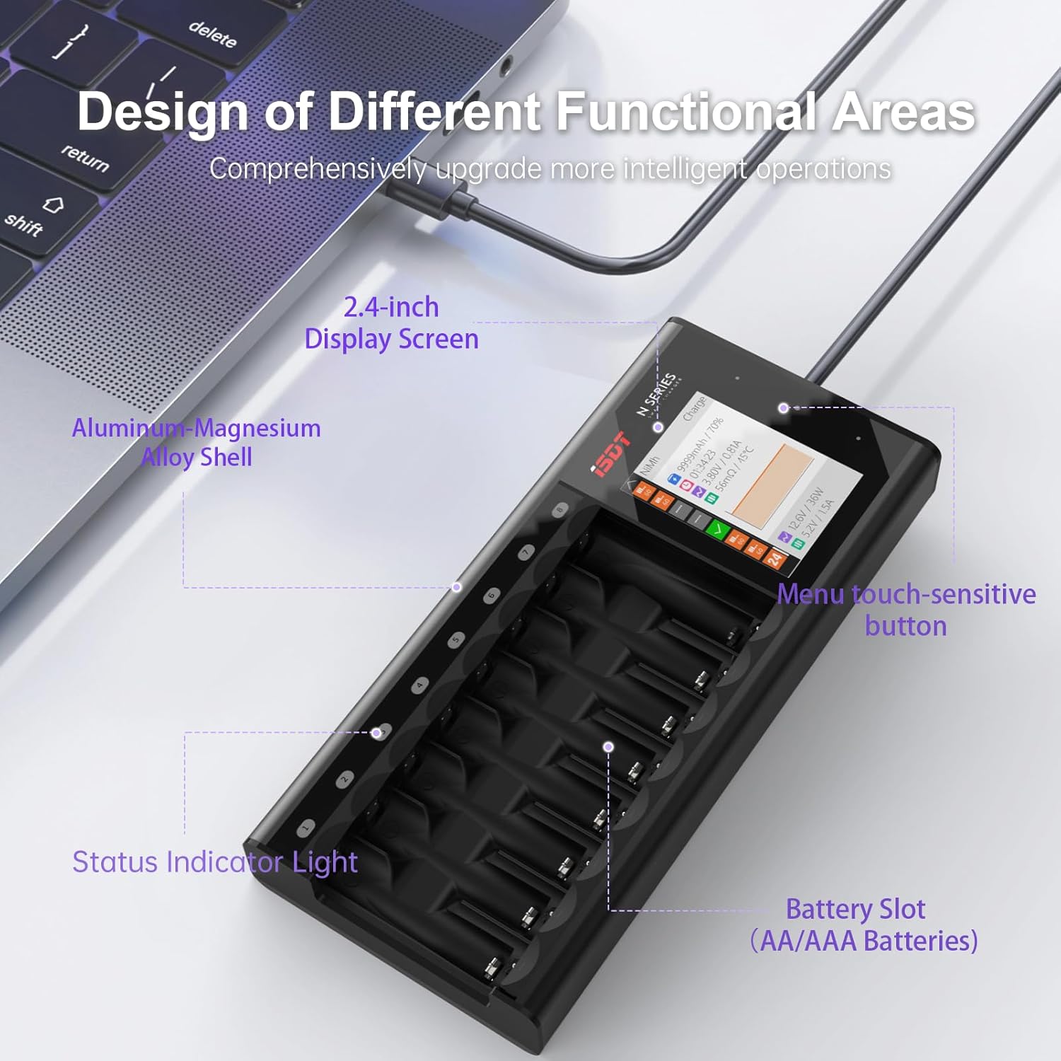 ISDT N8 8-Slots Fast Speed Battery Charger with LCD Display,Type-C QC3.0 Output Rechargeable Battery Charger AA AAA for Ni-MH Li-lon Ni-Cd LiFePO4 Not for 1.5V Lithium - Image 4