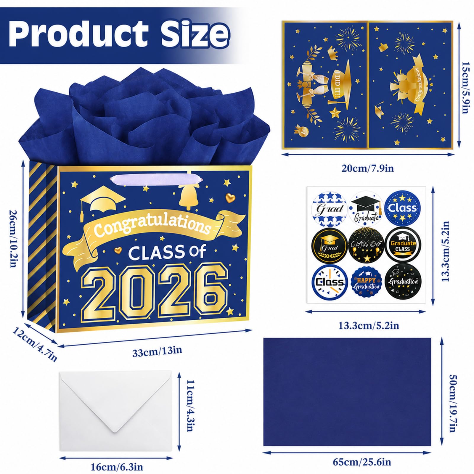 Konsait 13" Large Graduation Gift Bags, Blue Class of 2026 Graduation Bags with Tissue Paper and Greeting Card for Gift Wrapping, Celebrations, Parties & More