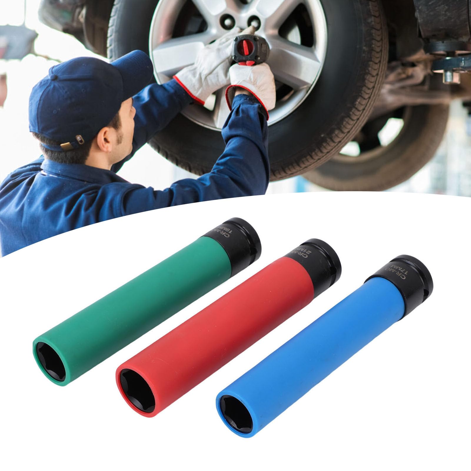 Generic Zestaw 3 nasadek udarowych 1/2 cala, 17 mm, 19 mm, 21 mm, metryczne nasadki do nakrętek kół ze stali CrMo o cienkich ściankach, z kolorowymi osłonami ochronnymi