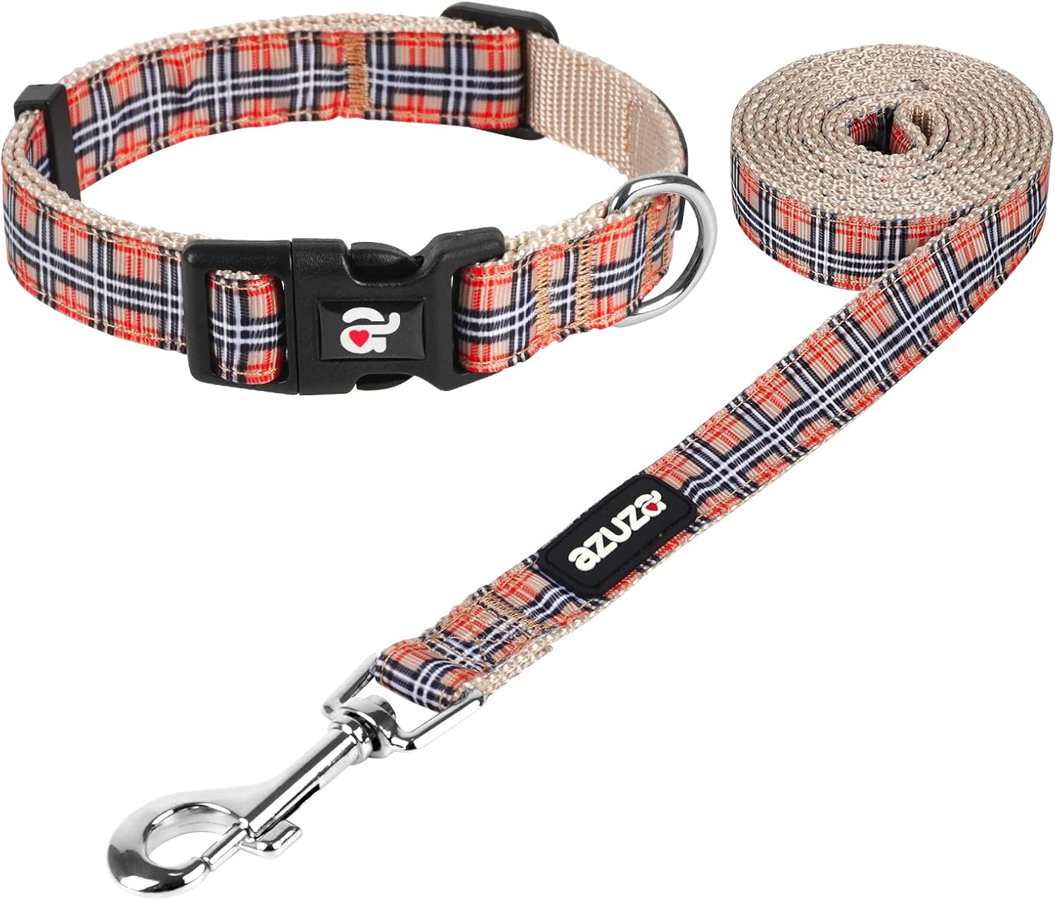azuza Dog Collar and Leash Set, Classic Plaid Dog Collar