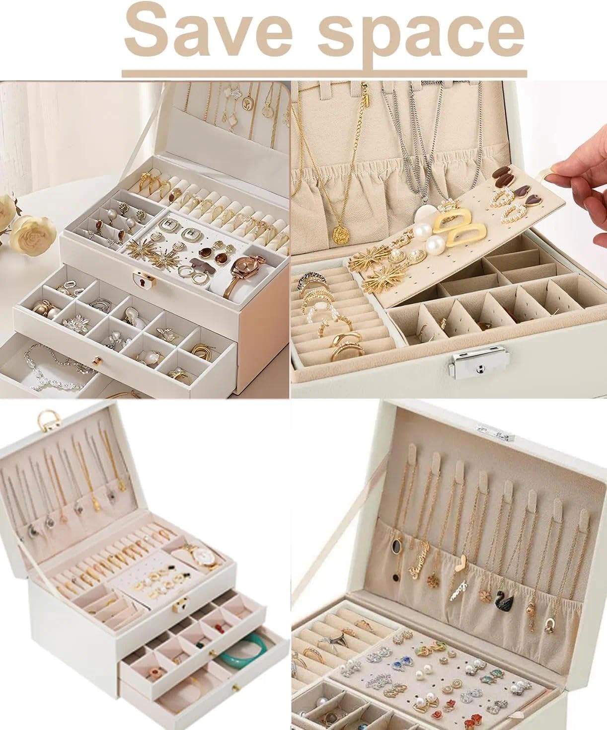 Joyero de 3 niveles, apilable, 2 cajones, caja de almacenamiento con compartimentos, con cerradura y llave, para pendientes, anillos, pulseras, collares (rosa)