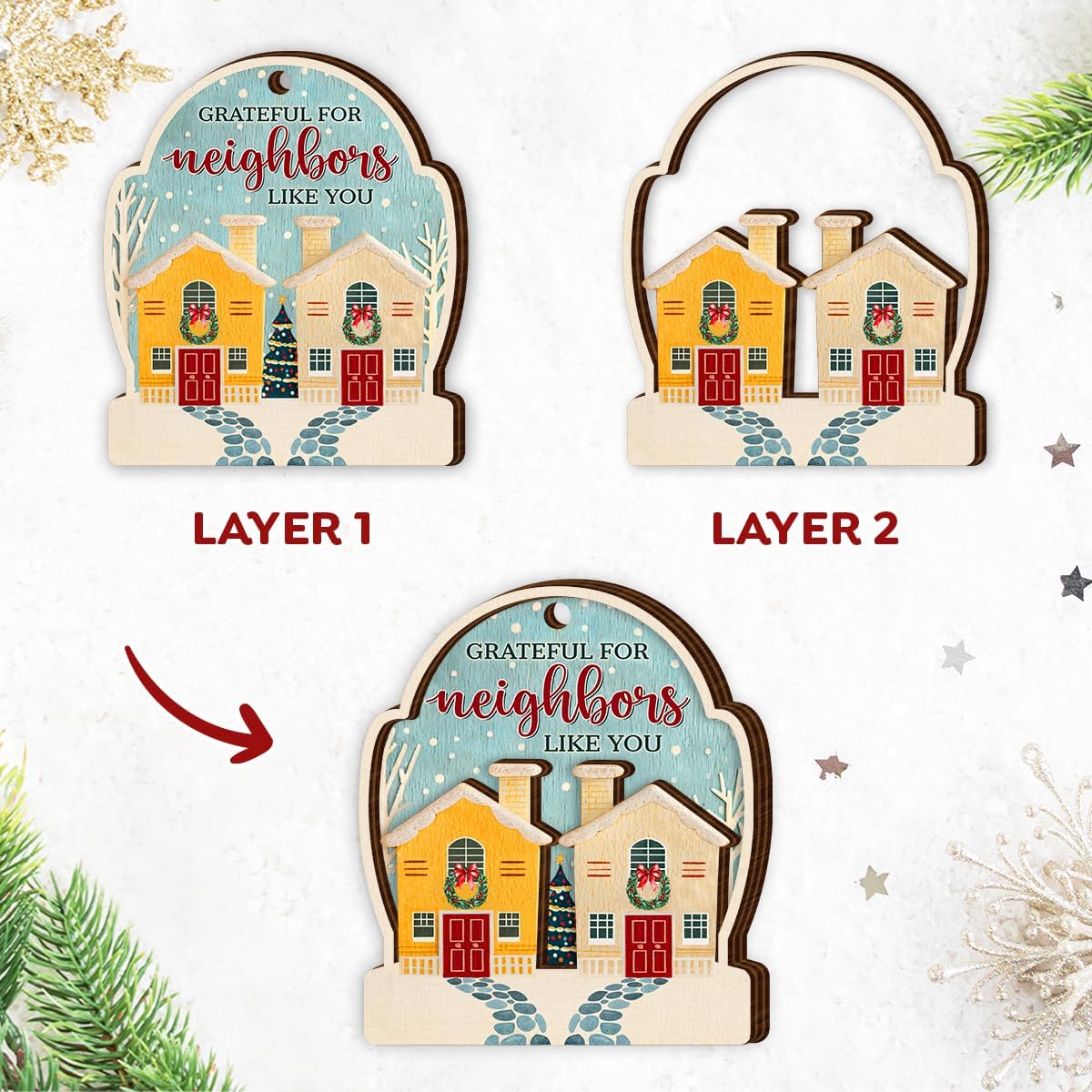 Neighbor Christmas Ornaments 2025 - Thank You Neighbor Gift, Friendship Gifts for Neighbors Friends, Bestie, BFFs - Wooden Friend Ornaments for Women, Men Hanging Christmas Decor - Image 3