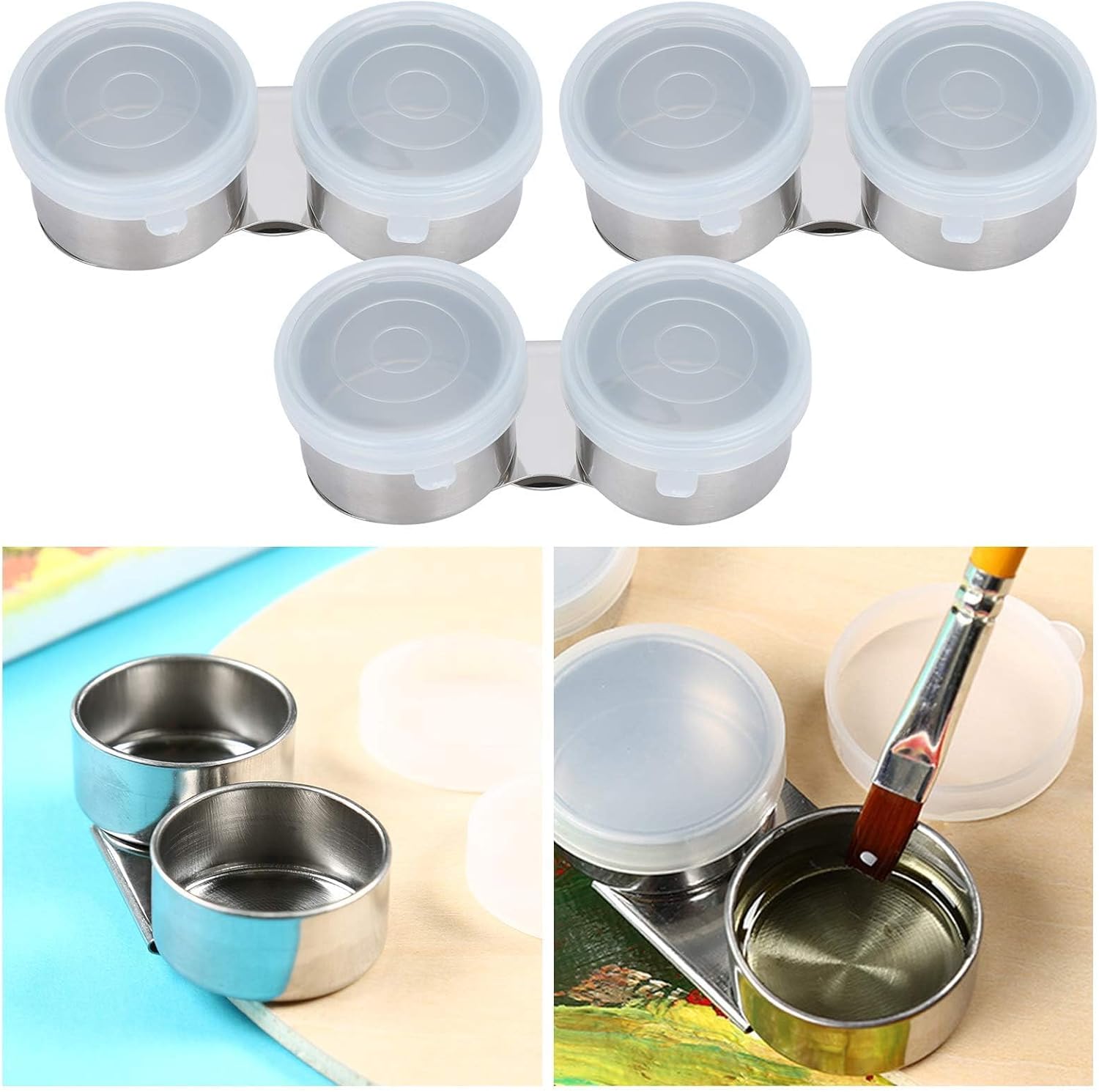 3Pcs Palette Cup, Double Dipper Palette Cup with Lid and Clip Stainless Steel Turpentine Solvent Container for Painting