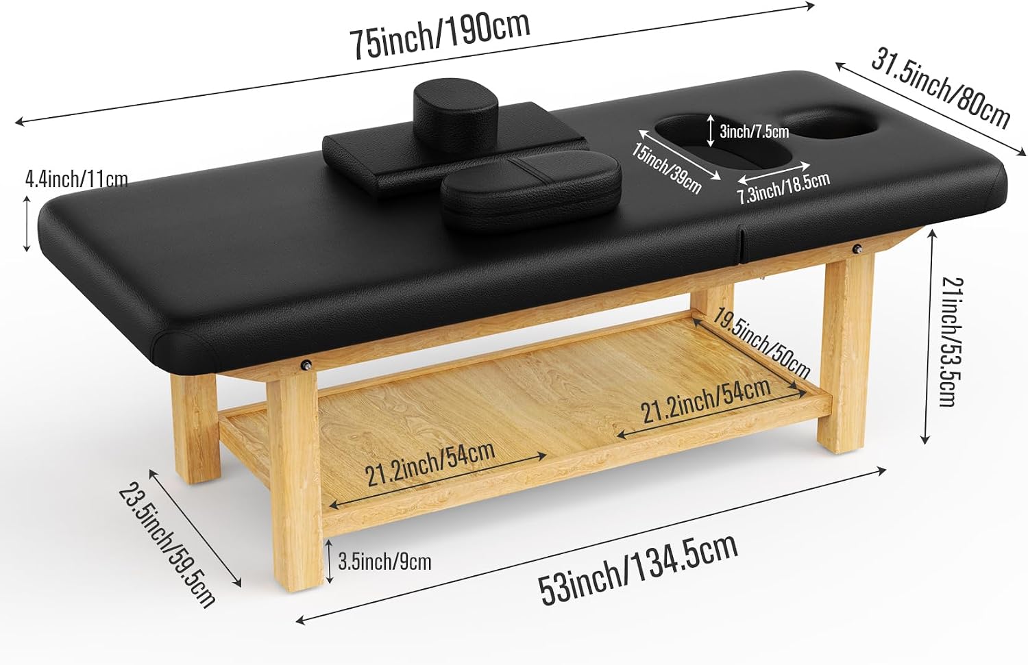 Wood Stationary Massage Table for Treatment Table Physical Therapy Table Spa Facial Bed, PU Leather 31.5'' Wide × 75'' Long Heavy Duty Professional Wide Massage Bed - Black 4 Legs Integral Structure