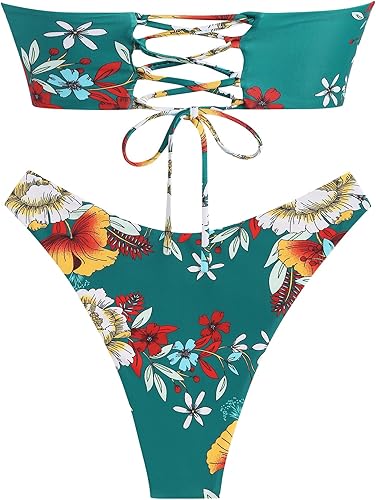 Miniatura 5 de ZAFUL Bikini bandeau anudado para mujer, trajes de baño sin tirantes, traje de baño de corte alto, sexy y atrevido con lazo lateral