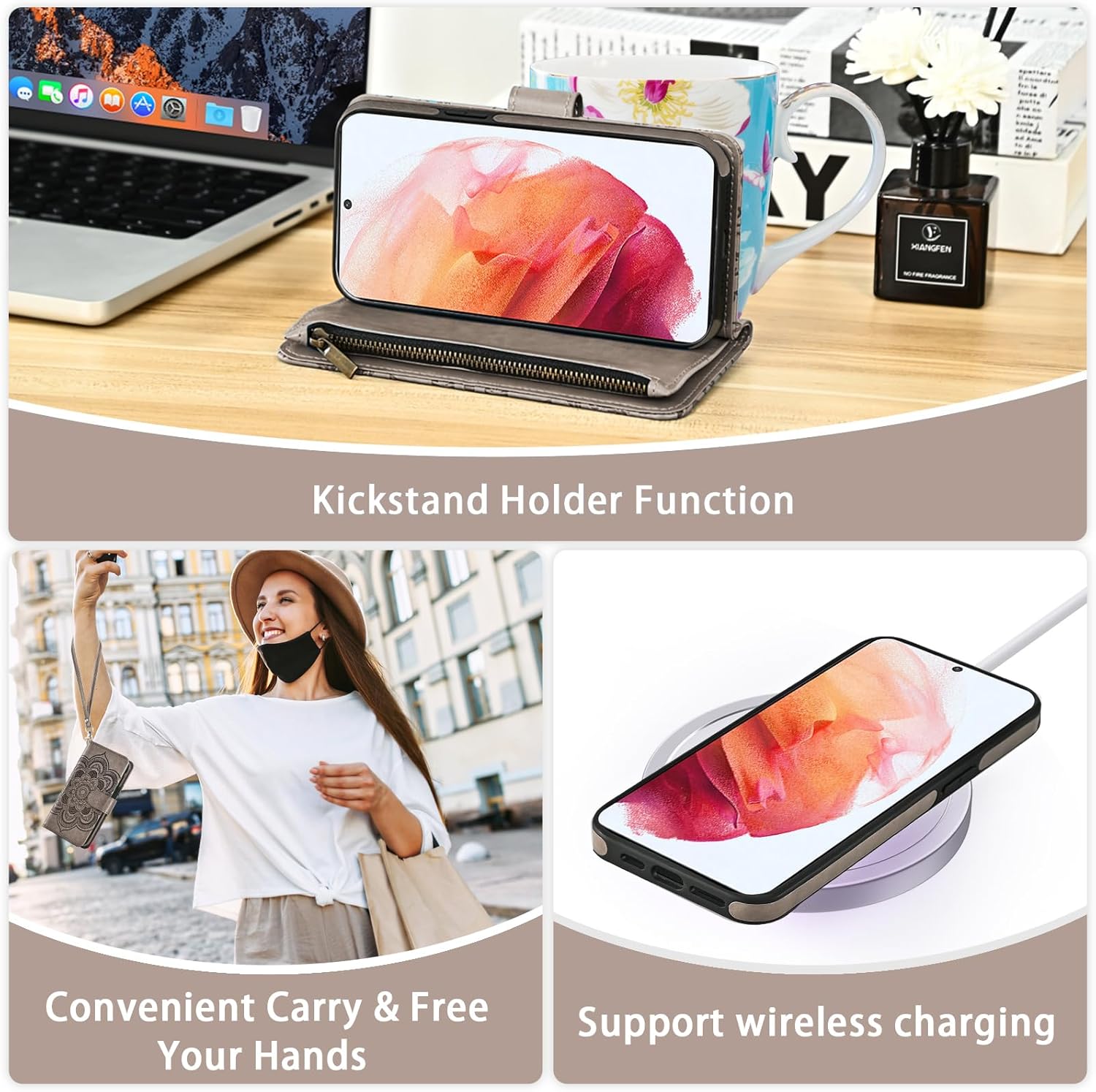 Asuwish Phone Case for Samsung Galaxy S21 5G 6.2 inch Zipper Wallet Magnetic Detachable Cell Cover with Tempered Glass Screen Protector Crossbody Strap Flower Card Holder S 21 21S G5 Women Girls Gray
