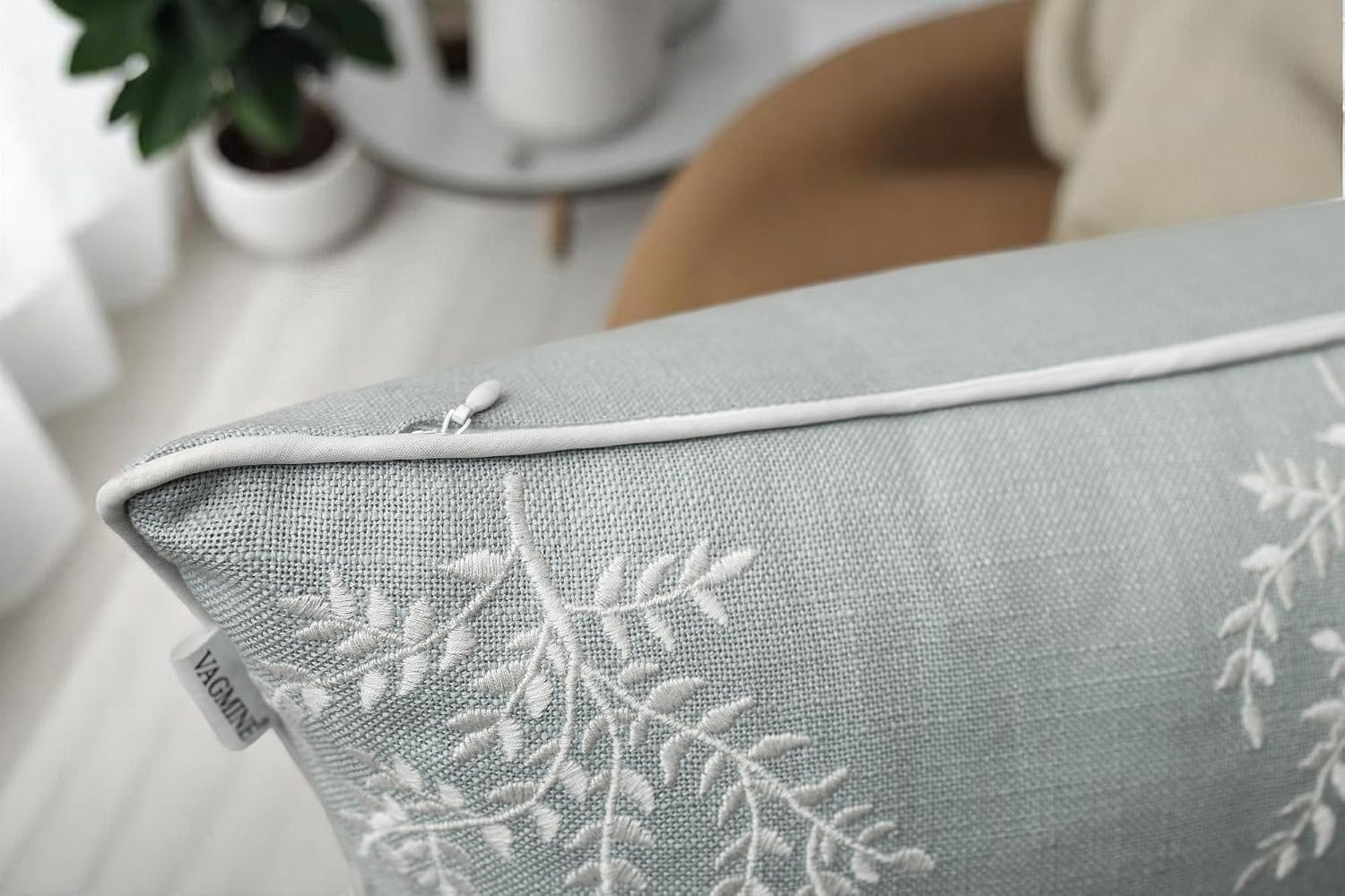 VAGMINE Embroidered Botanical Accent Pillow Cover 18x18 – Robin’s Egg Cotton Square Cushion Cover for Chair & Couch Styling – Leaves