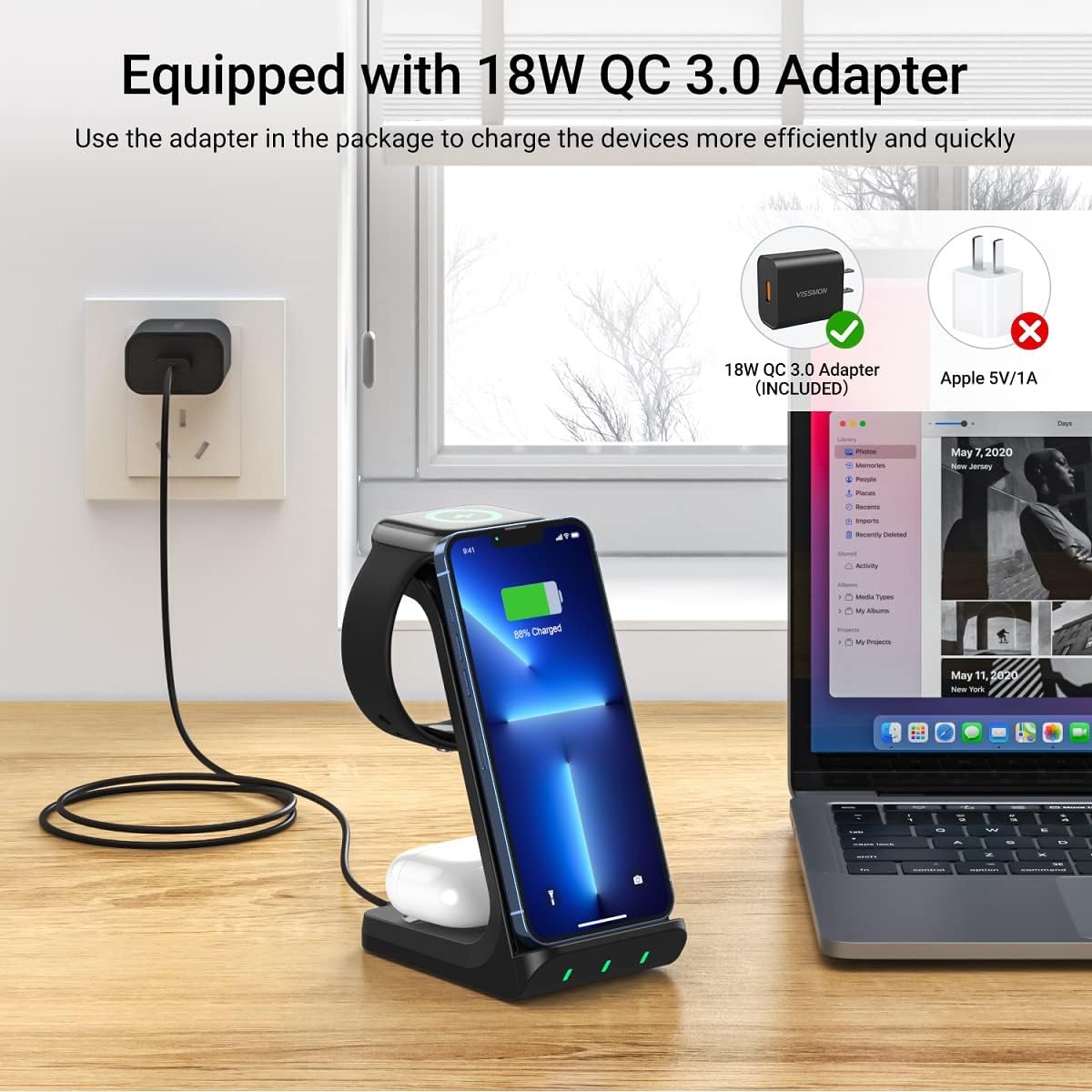 Wireless Charging Station, 3 in 1 Wireless Charger Stand, 15W Fast Wireless Charging Dock Station for iPhone 13/12/11 Series/XS Max/XS/XR/X/8/8 Plus, Apple iWatch SE/7/6/5/4/3/2/1, AirPods Pro/3/2