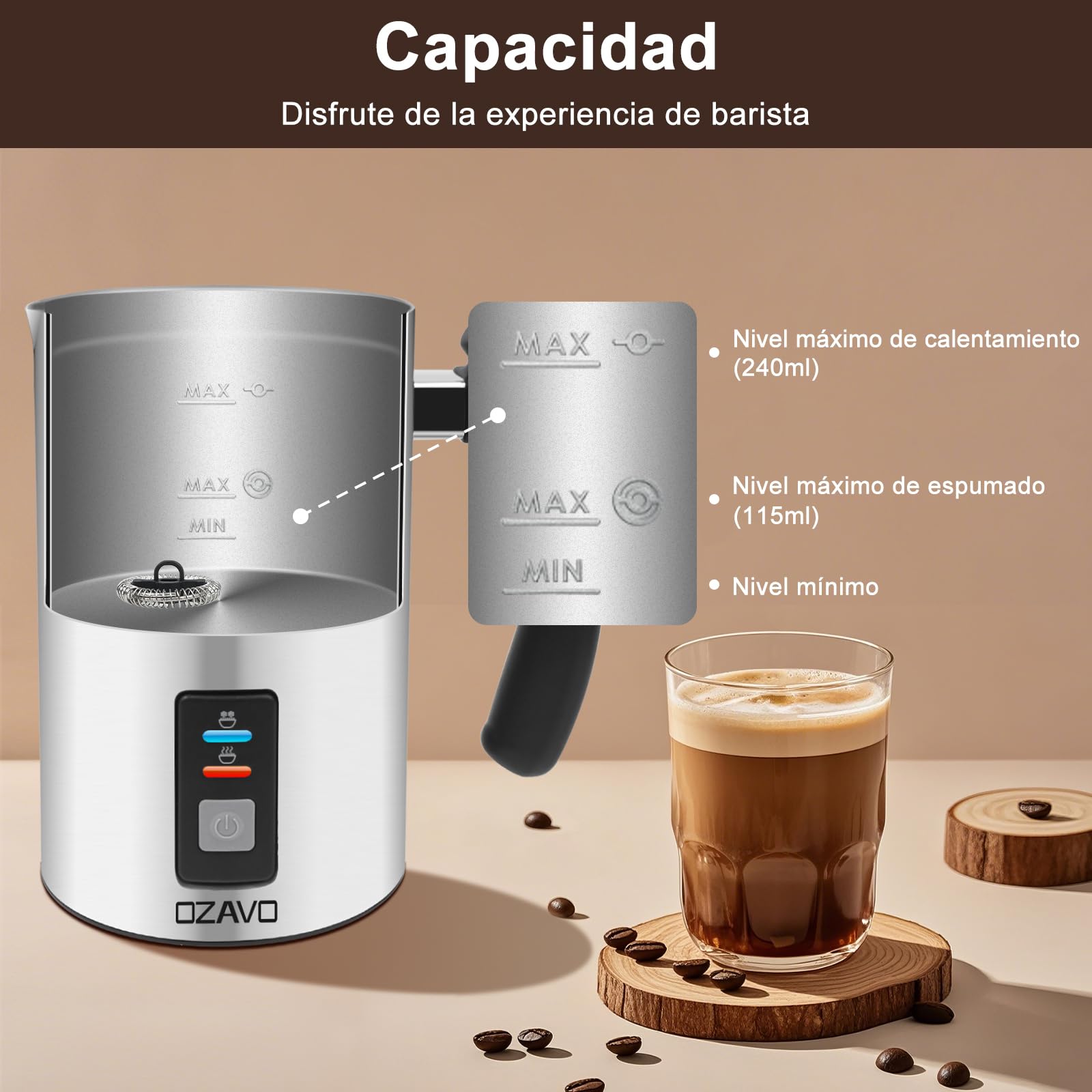 Espumador de Leche Automático Batidor de leche Eléctrico 500W Vaporizador y Calentador Leche 150ML/240ML Hace Espuma en Caliente/Frío, Protección Contra-sobrecalentar- 304 Acero Inoxidable