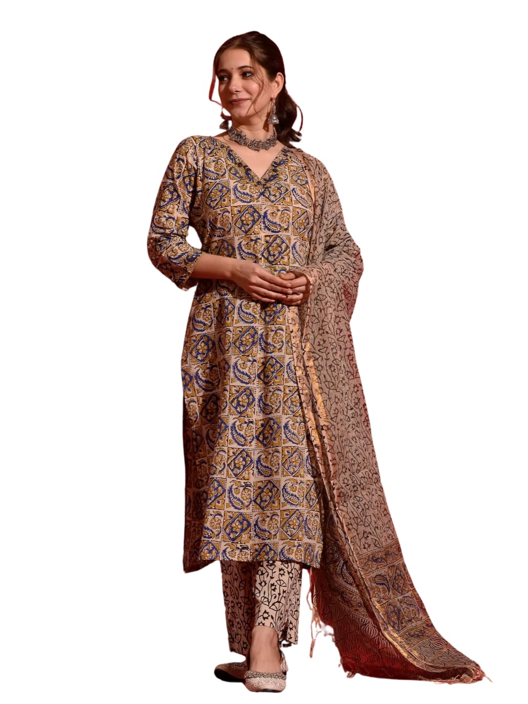 Nainvish Women's Rayon Printed Straight V-Neck Kurta Pant With Dupatta (Sd687_Kbd-Xl_Beige)