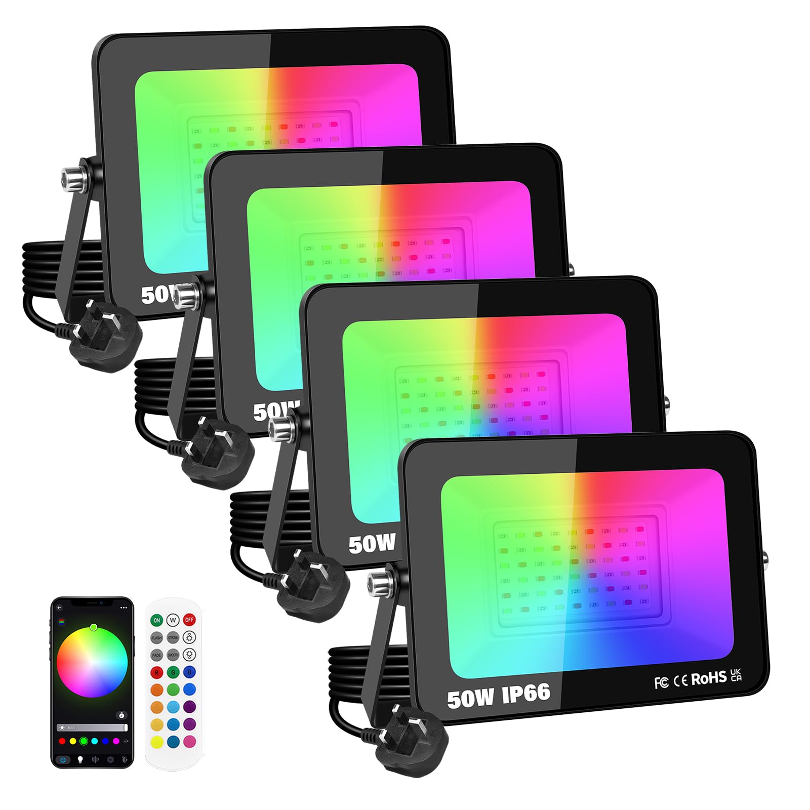 RIGIDON 4 Pack 50W LED Flood Light Outdoor with Plug, Smart RGB DIY Scenes Color Changing Landscape Lighting with APP Control, IP66 Waterproof Flood Lights for Garden Yards Stage House