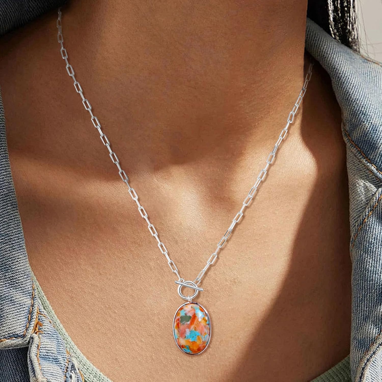 AIBAO Large Oval Turquoise/Coral/Malachite Halo Necklaces for Women 10-12 Carat Natural Gemstone Necklace Rhodium Plated Sterling Silver Statement Necklace with Toggle Clasp - Image 3