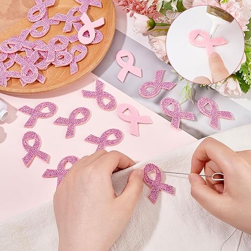 Miniatura 3 de FINGERINSPIRE 30 parches de tela de cinta rosa para el cáncer de mama de 1.1 x 1.65 pulgadas, parches de diamantes de imitación de rosa, parches