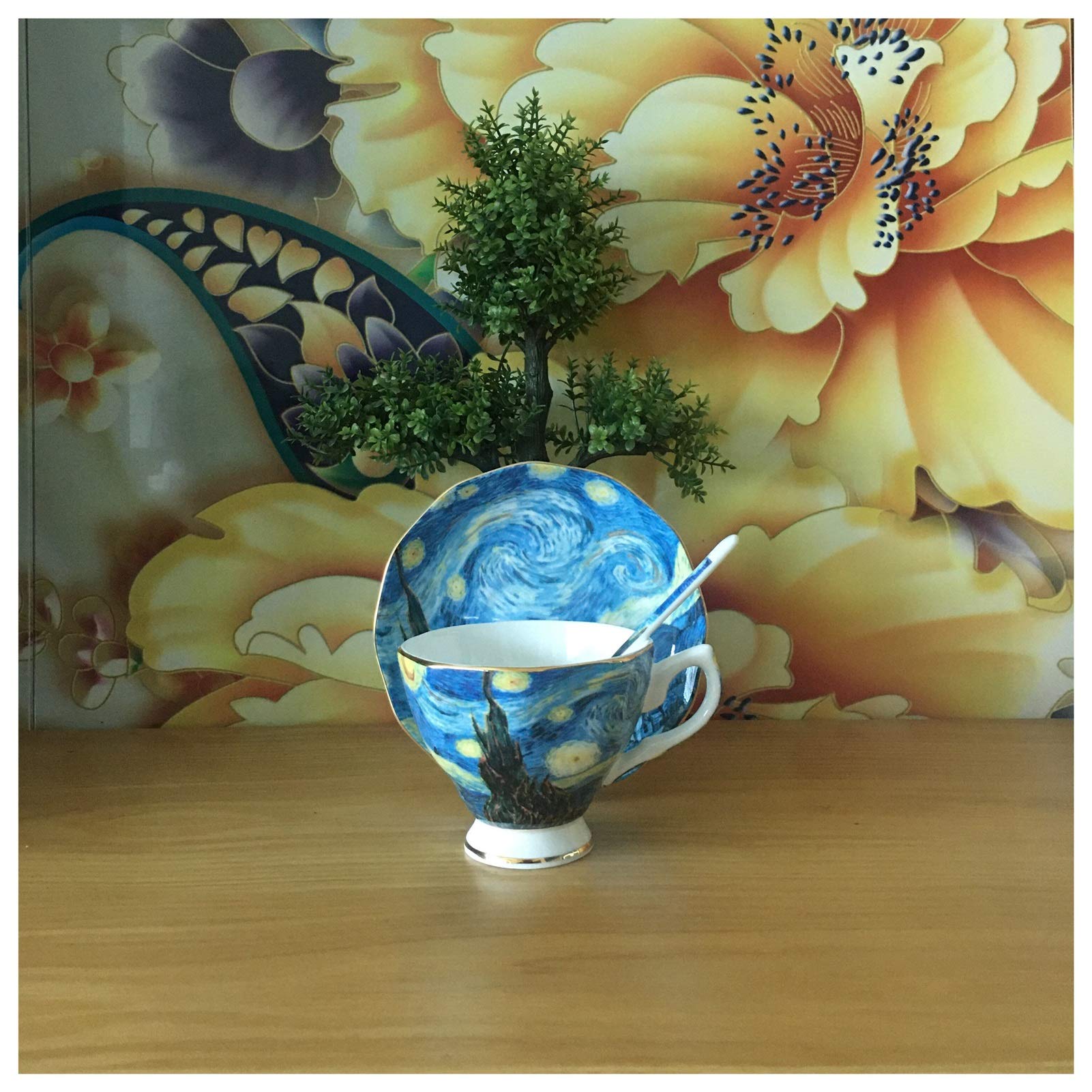 Juego de Tazas de Cafe,Taza de Té y Plato El Cielo Estrellado, café de la Noche, el sembrador, Girasoles, los Lirios, Tulipanes Que pintan Arte Albaricoque café Tazas de té(N 6 Set)