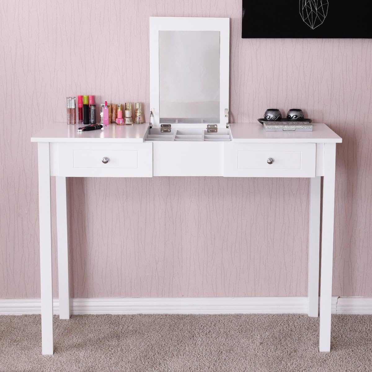 GOFLAME Vanity Table with Flip Top Mirror, Makeup Dressing Table with 9 Organizers and 2 Drawers for Different Sized Makeup Accessories, Solid Structure Writing Table, Easy Assembly, White