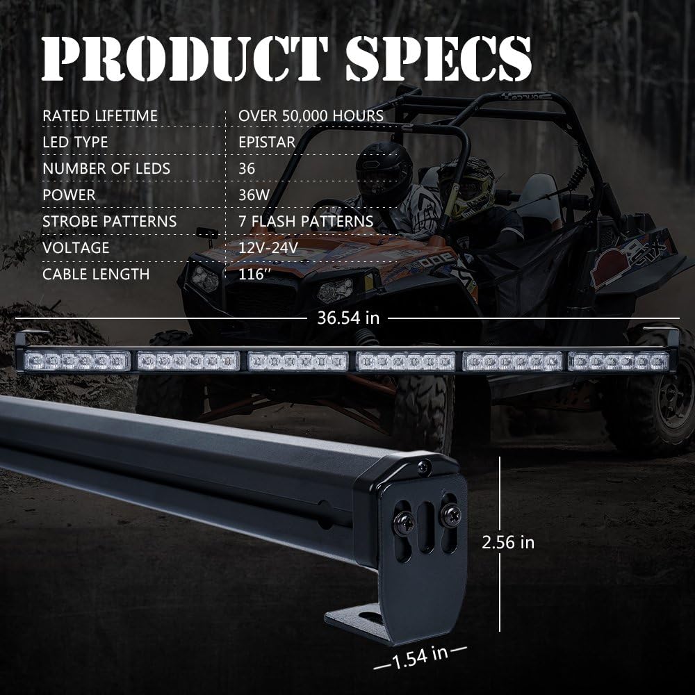 Diagram showing the dimensions of the Xprite 36-inch Rear LED Chase Light Bar and its mounting brackets.