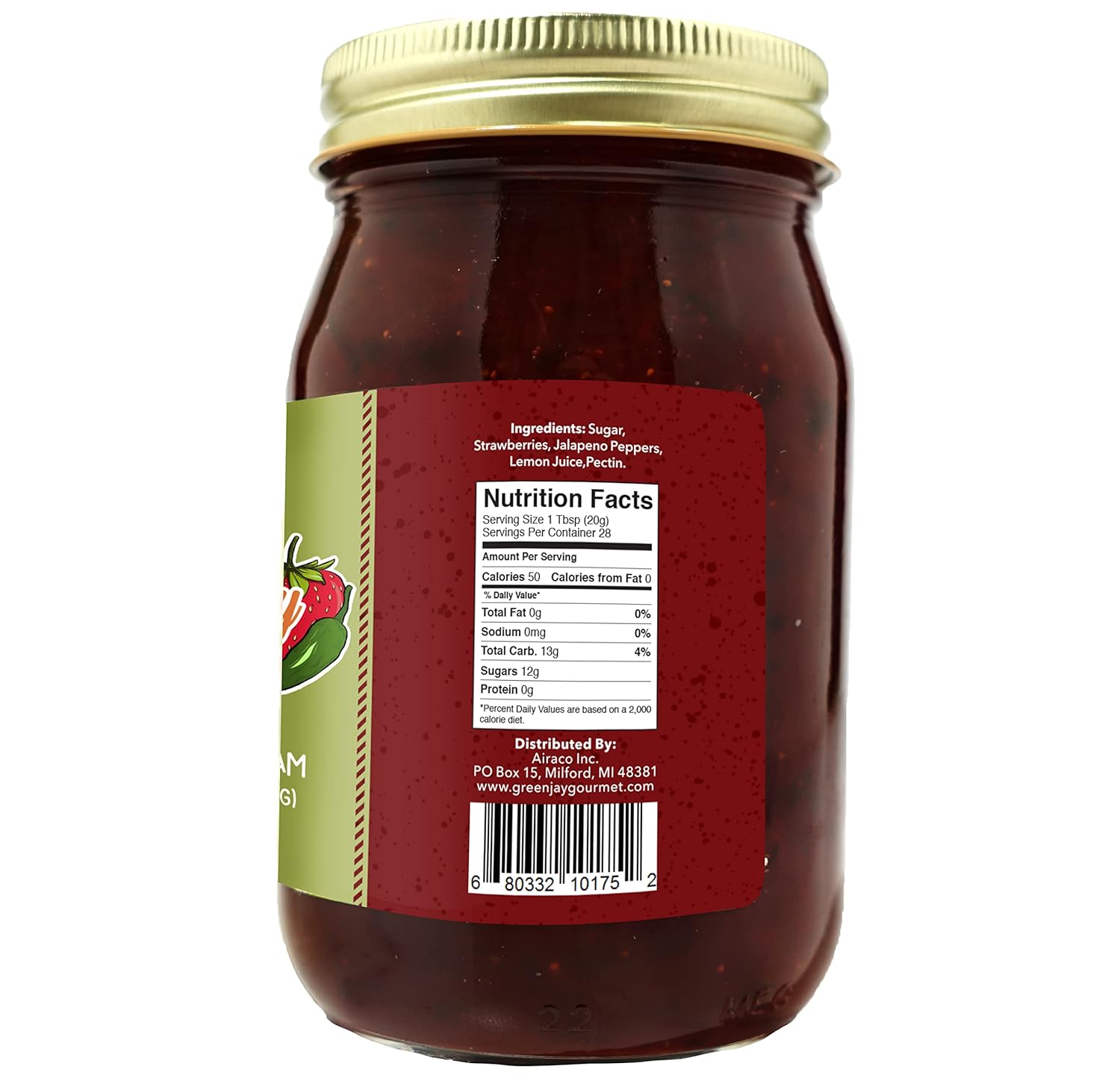 Green Jay Gourmet Strawberry Jalapeno Jam - All-Natural Strawberry Jam with Fresh Strawberries, Jalapeno Peppers & Lemon Juice - Vegan, Gluten-free Jam w/No Preservatives - Made in USA - 2 x 20 Ounce