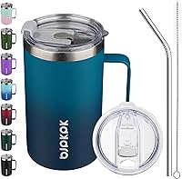 Vista 1 de BJPKPK Taza de café aislada con 2 tapas, vaso aislado de acero inoxidable de 25 onzas con asa, tazas de café de doble pared con aislamiento al