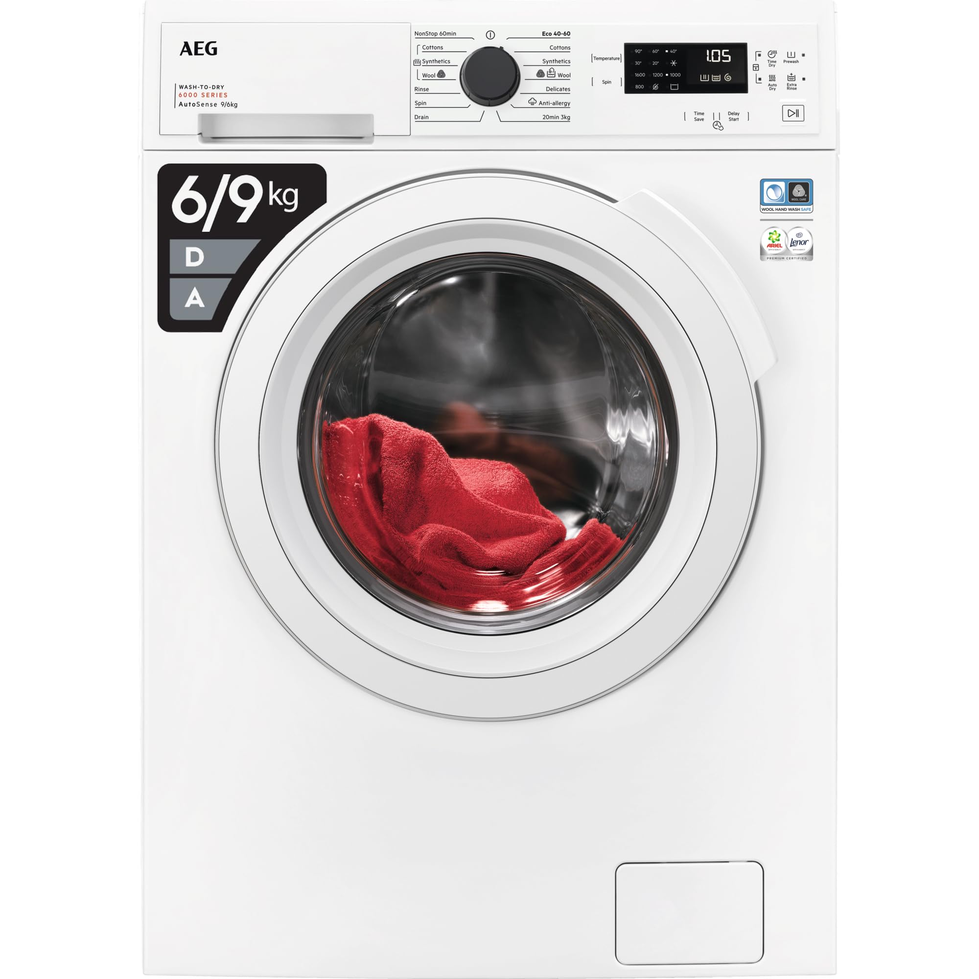 AEG6000 Series Washer Dryer LWX60966B, 9kg Wash/ 6kg Dry Load, 1600rpm, 76 dB, AutoSense, TimeSave to Adjust Laundry Cycles, Quick Programme, Freestanding, Wash-to-dry, 847x597x642, Class D, White