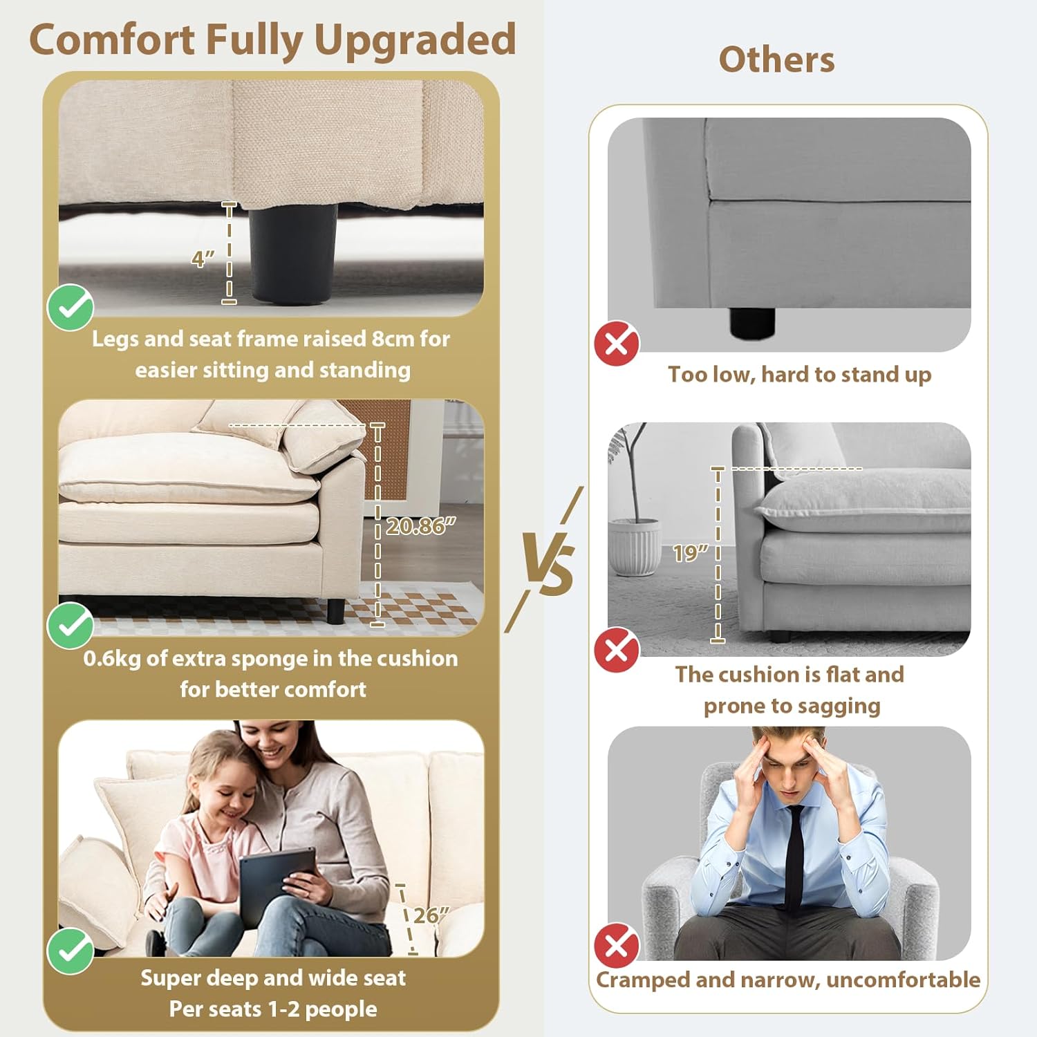 Oversized Modular Sectional Sofa, 80 Inch L Shaped Cloud Couch Set, 2-Seat Comfy Convertible Sofa with 1 Movable Ottoman, DIY Combination Sleeper Couch for Living Room(Chenille, Beige) 2-Seat & 1-Ottoman(L) Beige
