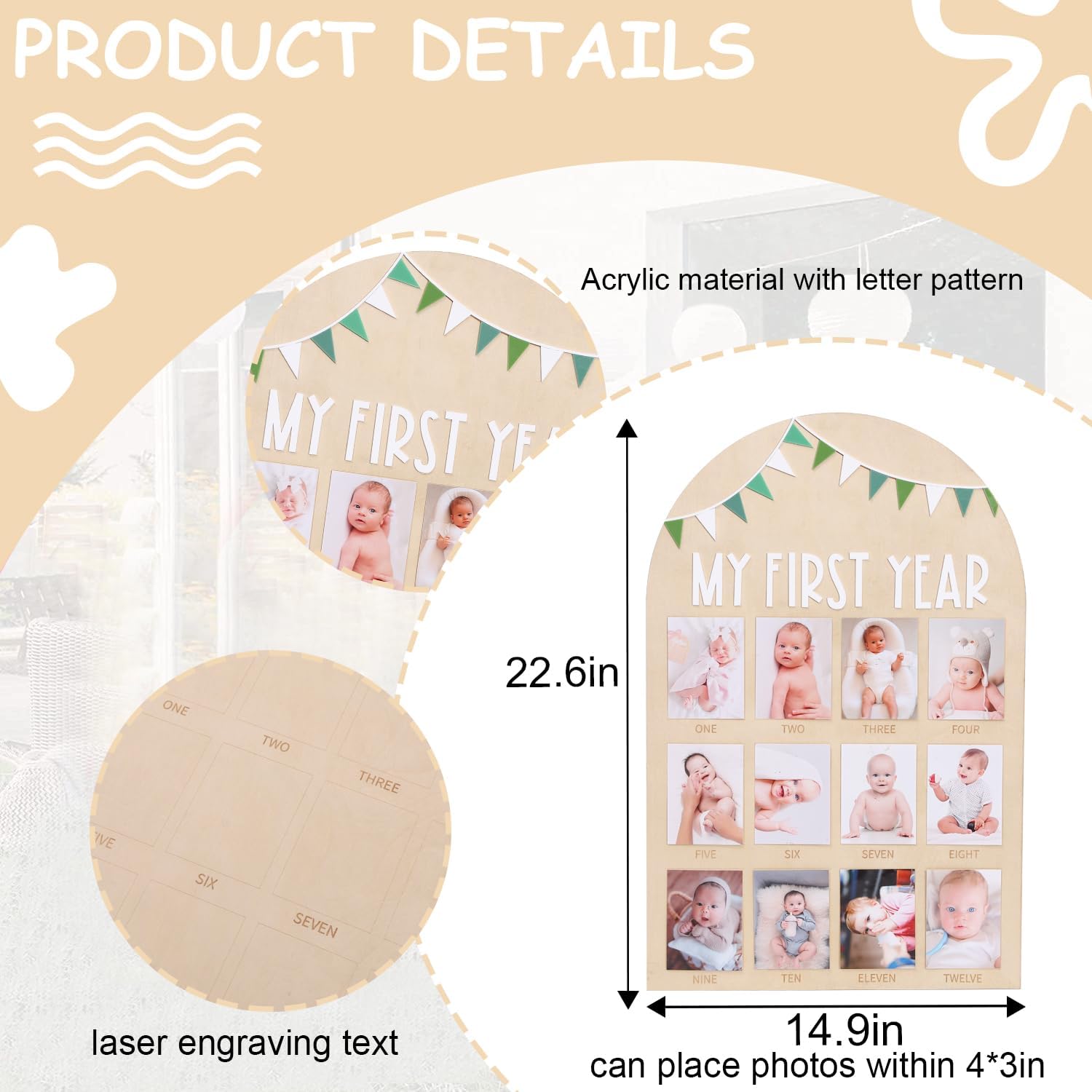 Sage Green 12-Month Photo Frame Set—Wild One Wooden Decoration, 1st Birthday Bunting, Wooden Monthly Milestone Photo Frame,First birthday decorations