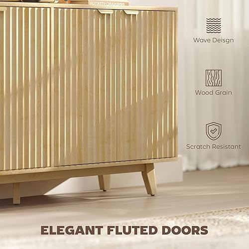 Miniatura 4 de HOMCOM Armario de buffet con aparador estriado, gabinete moderno de consola de 55 pulgadas con 4 puertas, 2 estantes ajustables y 5 patas de madera,