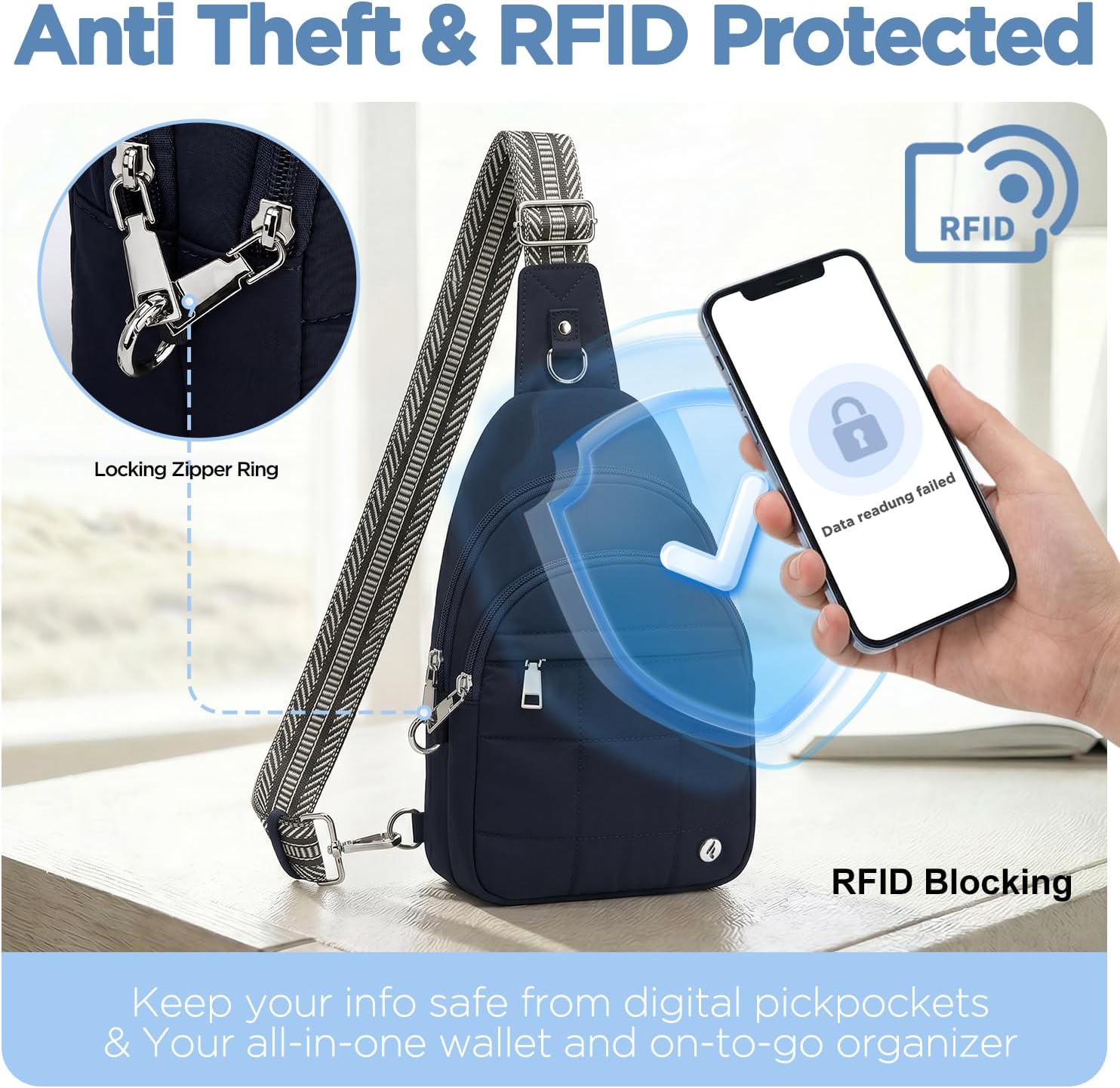 Anti Theft Sling Bag for Men & Women, Lightweight Puffer RFID Crossbody Bag for Travel, Commuting & City Walking, Hands-Free Everyday Essentials Bag Dark Blue