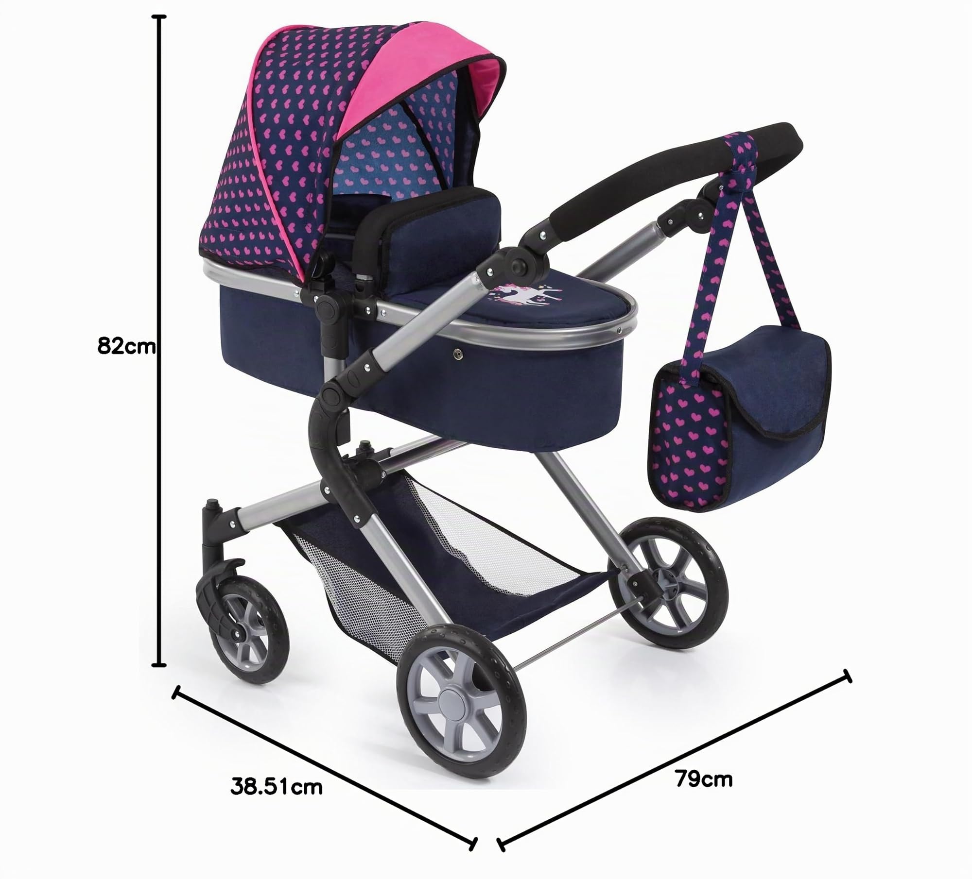 Bayer Design 18154AA City Neo Puppenwagen mit Wickeltasche und Einkaufskorb / umwandelbar in einen Sportwagen / höhenverstellbar / Design: Herzchen, Einhorn / dunkelblau, pink | wandelbar als Puppenjogger, verstellbarer Griff, schwenkbare Vorderräder, int