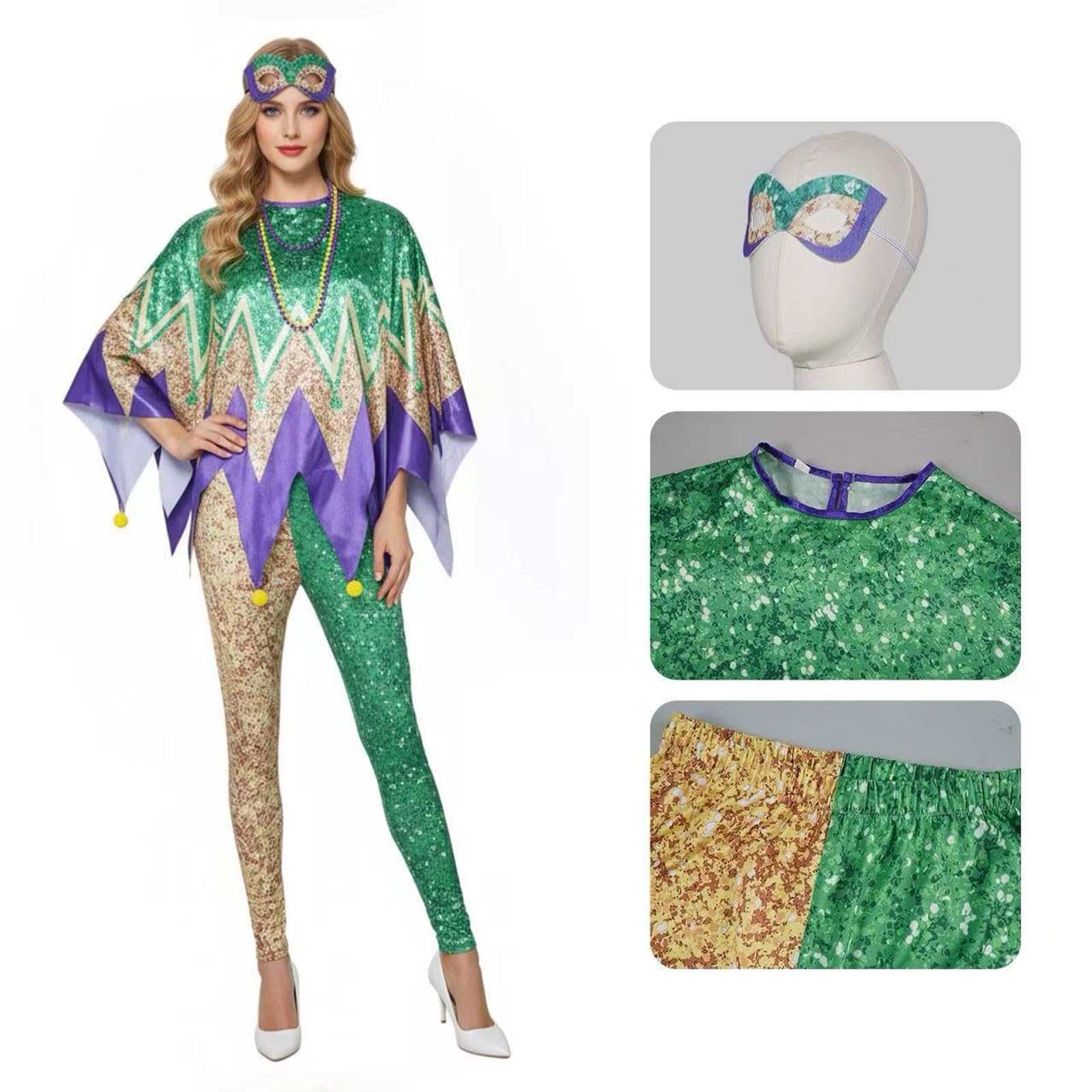 Generisch Costume da carnevale da donna lucido, leggings mantello e benda, set da 3 pezzi, per cosplay, feste, costumi da palcoscenico, costume da carnevale, abbigliamento da festa
