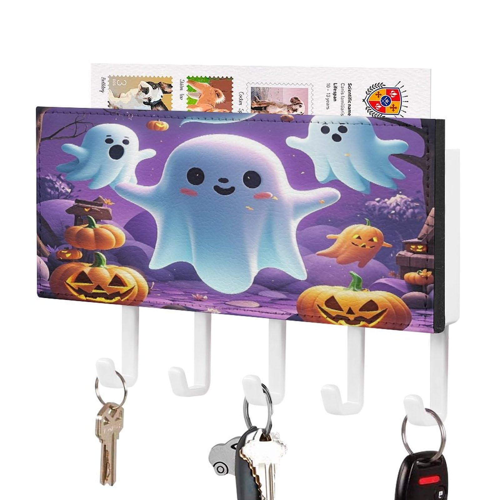 Fekiloot White-Style Ghost Pumpkin Key Holder Wall Mount Key And Mail Holder Key Hanger With 5 Hooks Decorative Pu Key Rack Hanging Key Hooks For Wall Living Room Kitchen Bathroom Hallway