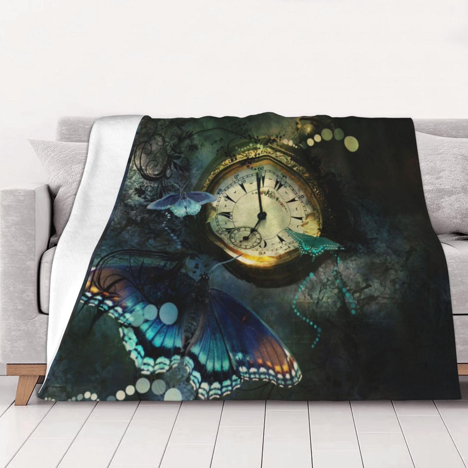 AUBKFELD Butterfly clocks Printed Flannel Blanket 200x150 CM, Soft & Warm Throw Blanket for Sofa/Couch/Bed/Car, Gifts for Audlts Women Men