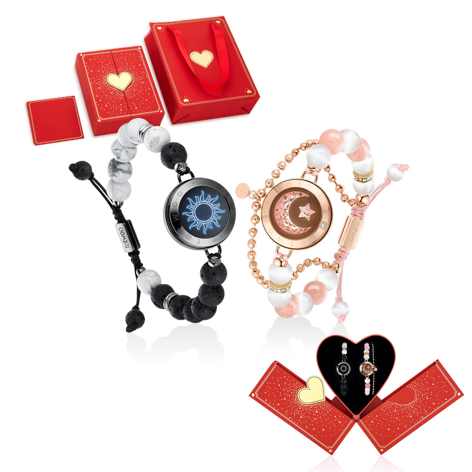 TOTWOO Long Distance Touch Bracelets for Couples, Smart Light up & Vibration for Love Couples Healing Stone Bracelet | Long Distance Relationship Gifts for Girlfriend Bluetooth Pairing Jewelry, One