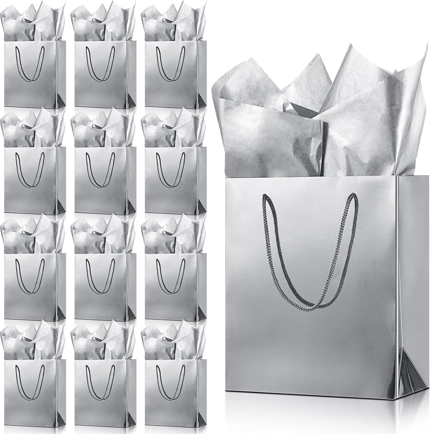 TaoBary 12 Pack Silver Gift Bags with Tissue Paper, 9''x8''x4'' Metallic Paper Bags with Handles, Medium Size for Wedding, Birthday, Baby Shower Party Favors