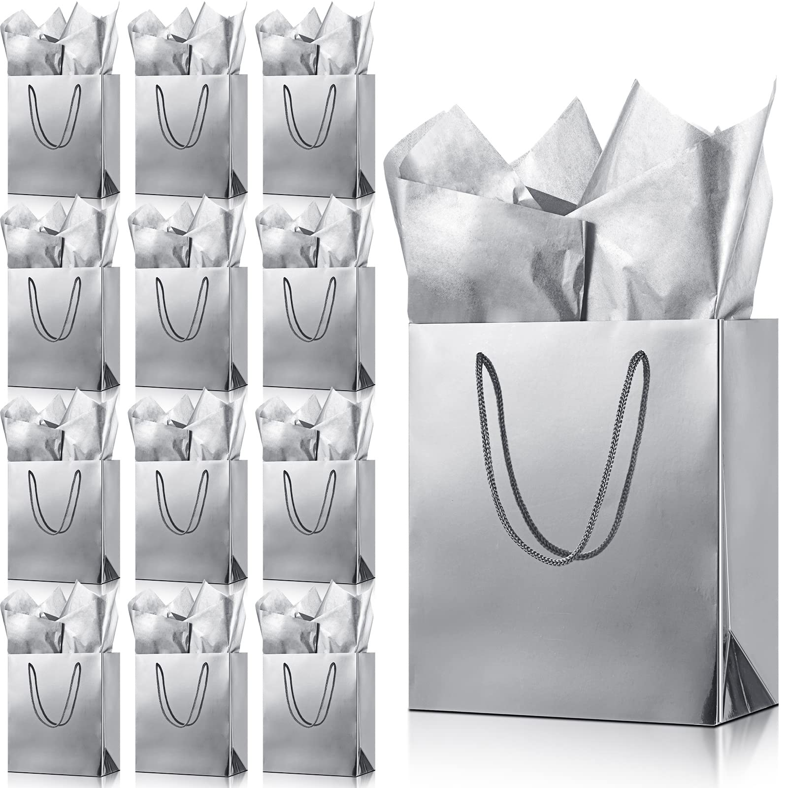 TaoBary 12 Pack Silver Gift Bags with Tissue Paper, 9''x8''x4'' Metallic Paper Bags with Handles, Medium Size for Wedding, Birthday, Baby Shower Party Favors