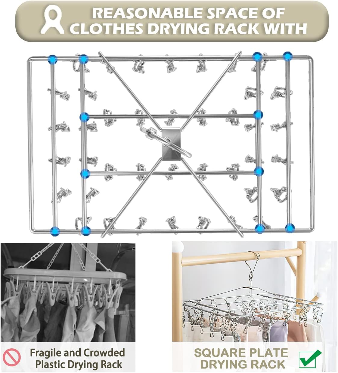 JAUREE Clothes Drying Rack with 40 Clips, Stainless Steel Laundry Hanging Rack for Balcony and Courtyard, Suitable for Socks, Underwears, Drying Towels and Baby Clothes