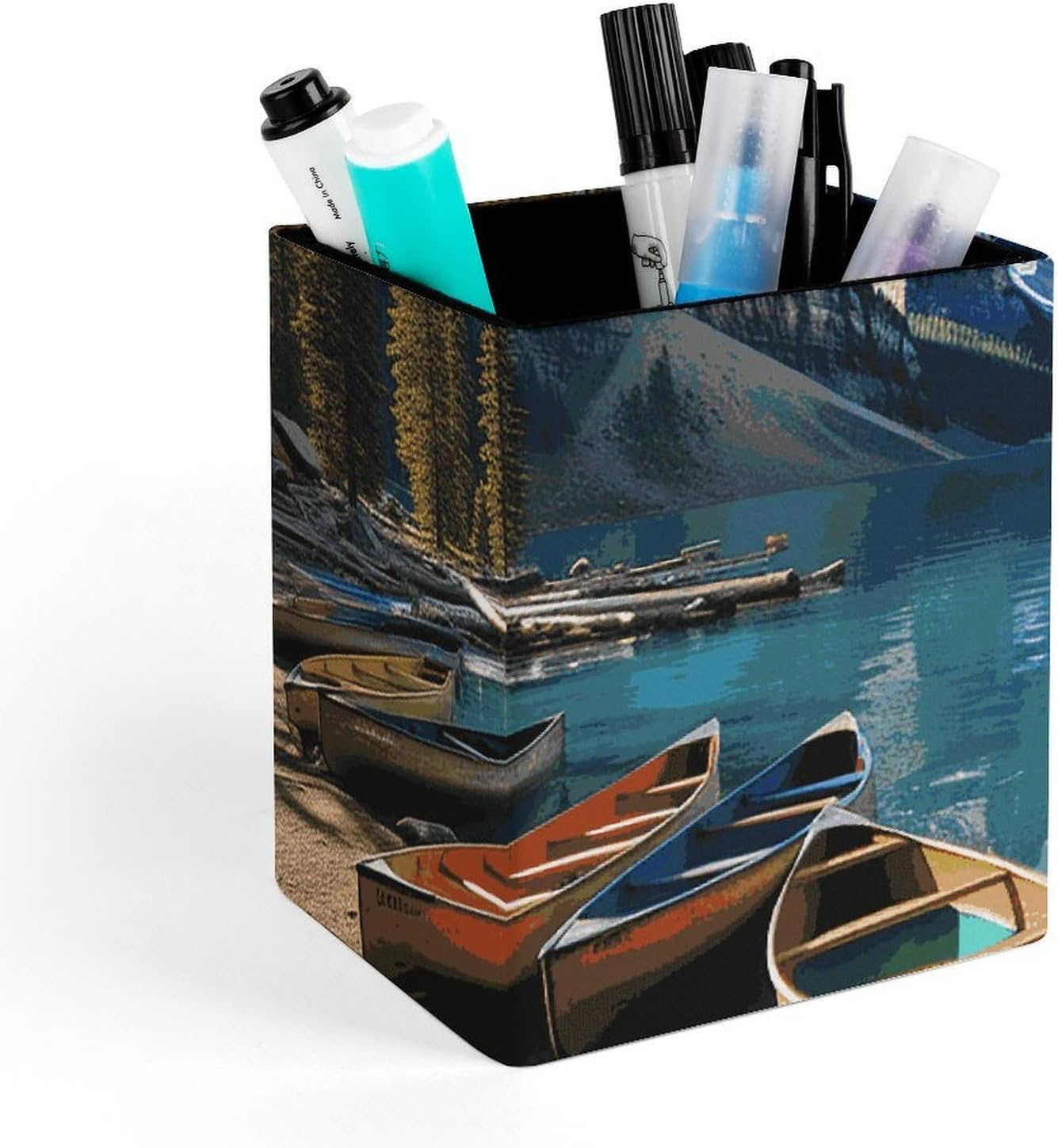 Moraine Lake Canoes Leather Pen Holder for Office, Modern Pencil Holder