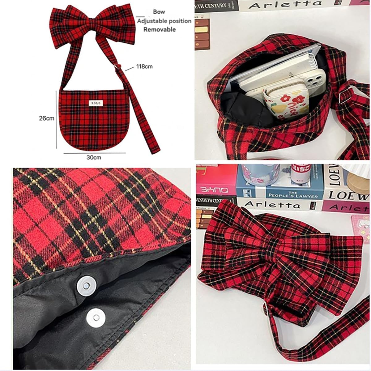 Retro women's checkered bow shoulder bag, multifunctional commuting lazy style, niche design handbag fashionable - Image 4