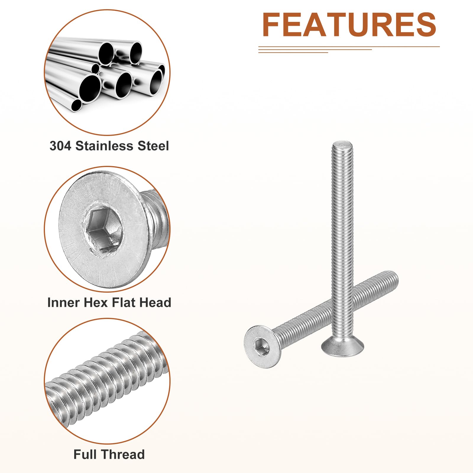 DTGN M8-1.25 x 80mm Flat Head Socket Cap Screws, 10 Pack 304 Stainless Steel Hex Socket Flat Head Screws, Full Thread - Image 4