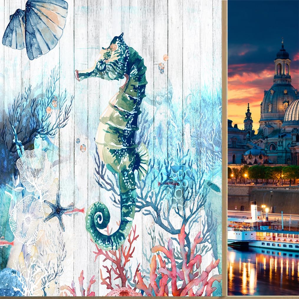 Brebasf Watercolor Underwater Hippocampus Privacy Blackout Window Film Vintage Rustic Coral Nautical Ocean Theme Wildlife Seahorse Reusable Self Adhesive Insulated Stickers-23.6W x35.4L in x1 Pcs