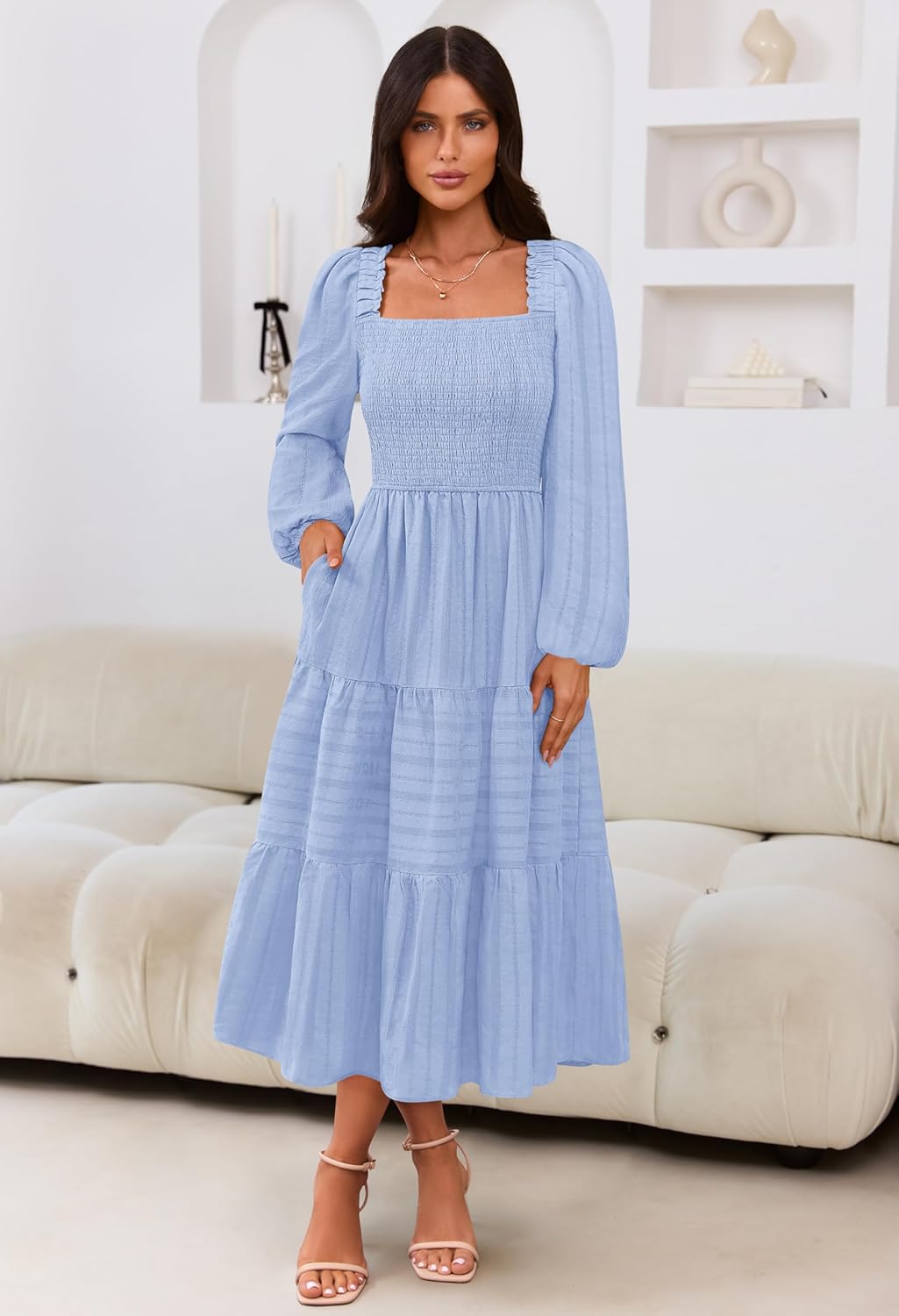 MEROKEETY Women's 2025 Long Sleeve Fall Dress Square Neck Smocked Flowy Tiered Casual Maxi Dresses with Pockets - Image 2