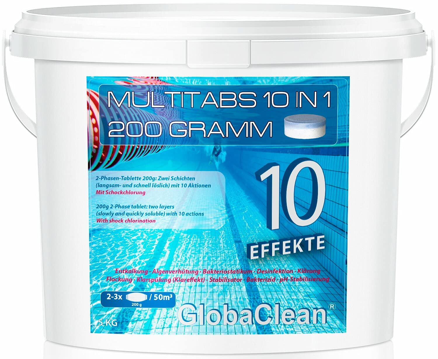 Chlor Multitabs 10 in 1 - Zwei Phasen Chlortabletten für Pool mit 10 Funktionen - Desinfektion von Poolwasser und Filter - 200g Tabletten im 5kg Eimer