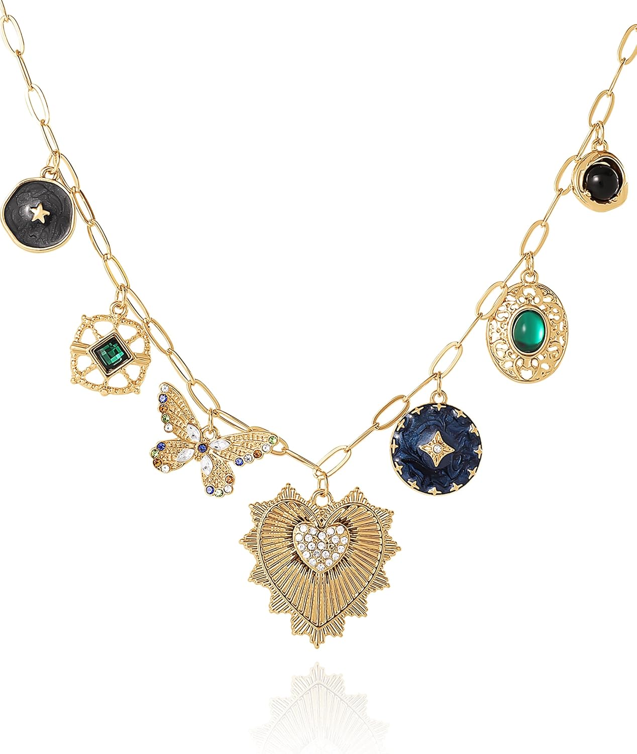 BCBGeneration Butterfly and Heart Charm Necklace for Women 17"+3", Gold-Tone with Charms & Crystals, Mother's Day Gifts