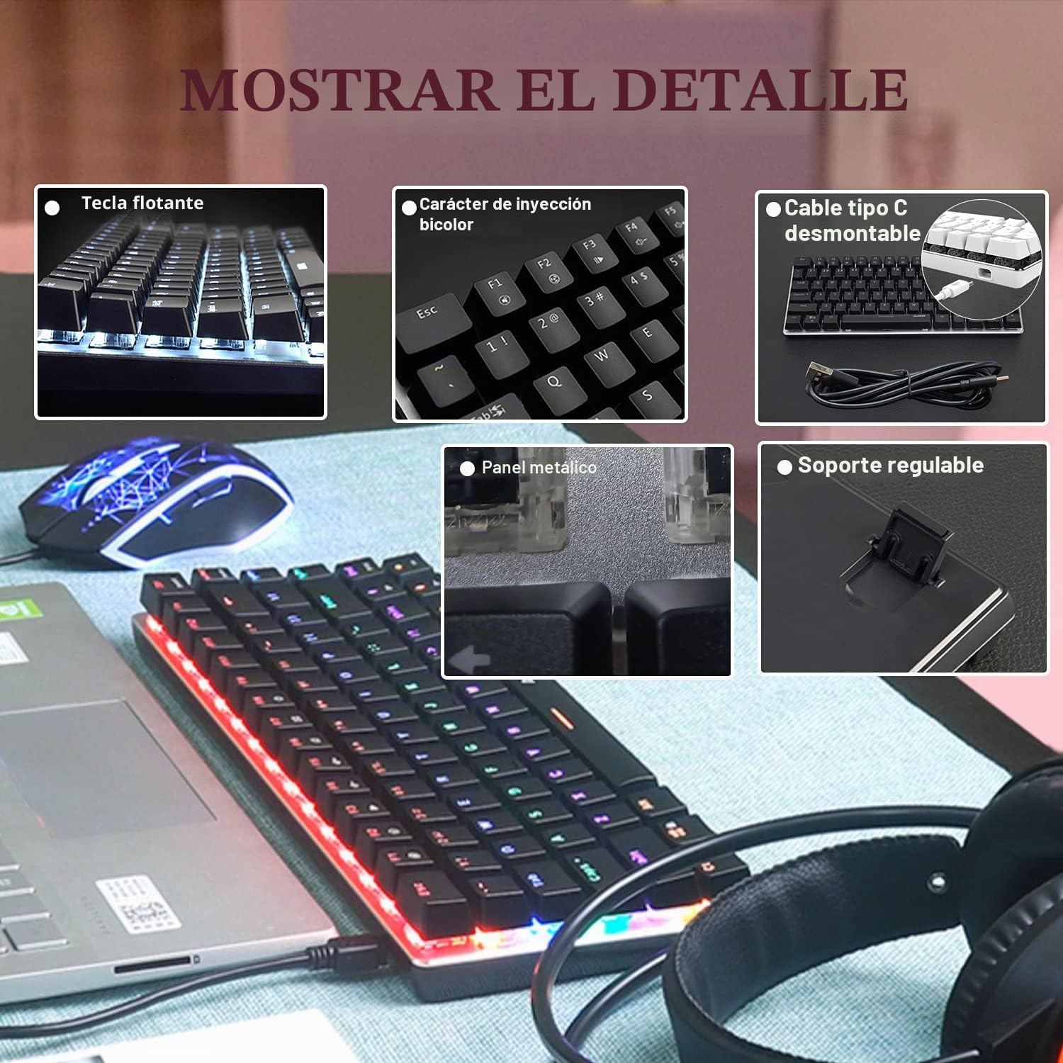 AK33 80% Teclado Mecánico para Juegos Mechanical Game Interruptor Azul 19 RGB Chroma LED Retroiluminación USB-C Cable 82 Teclas Anti-Ghosting QWERTY Panel de Metal para PC Mac y Portátil-Negro