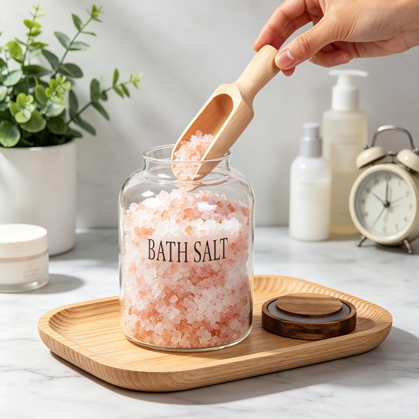 Klmnop Badesalzglas aus Glas mit Holzschaufel, Badesalzbehälter mit Deckel, Badezimmer-Organizer und Baddekoration (transparent)