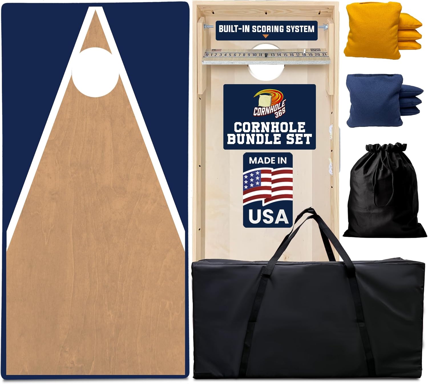 Cornhole365 Complete Cornhole Board Set - Includes Solid Wood Cornhole Board, 8 All-Weather Cornhole Bags, Portable Carrying Case & String Tote Bag Outdoor Game Bundle