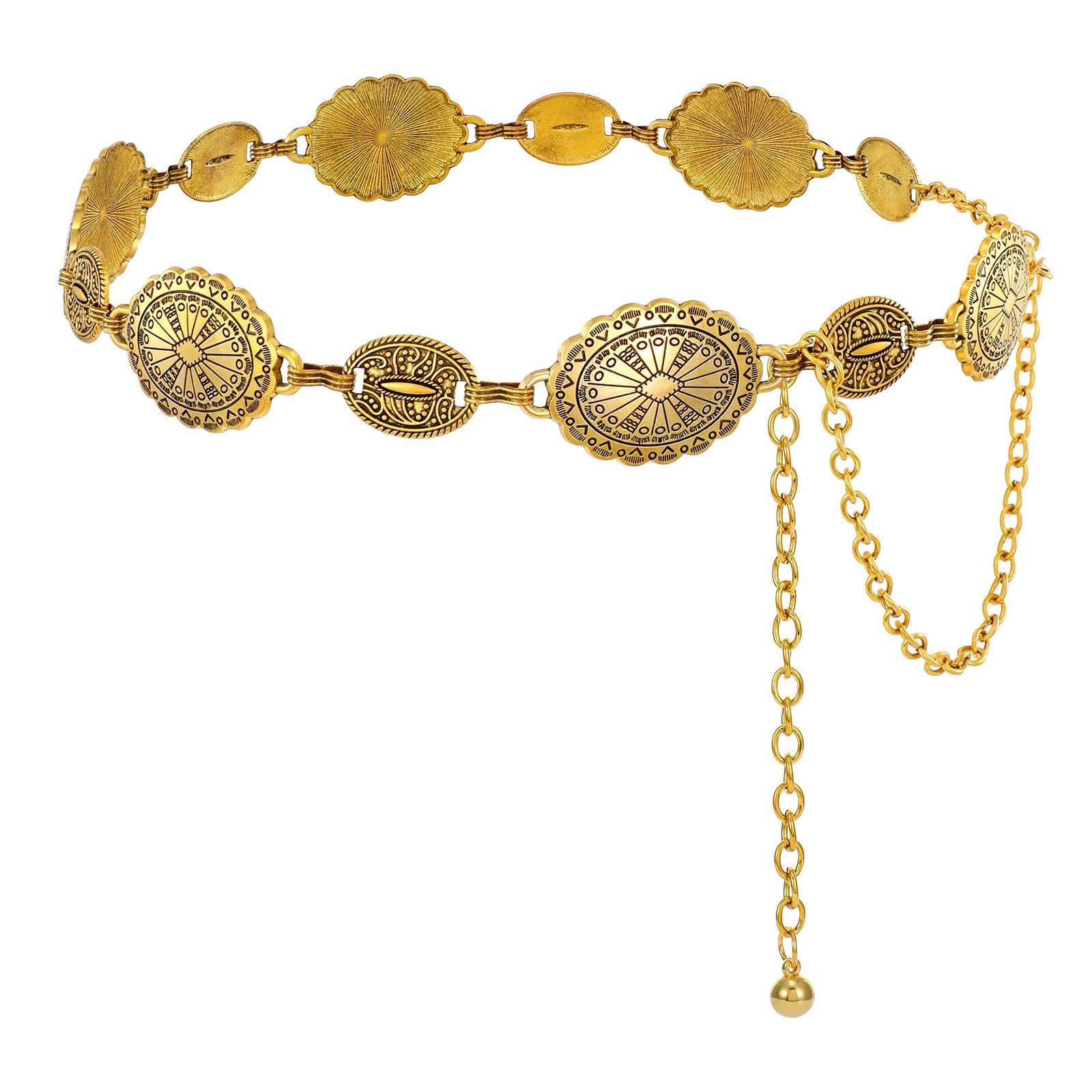 XZQTIVE Women Boho Chain Belts For Dresses Jeans Western Cowgirl Waist Links Belt Adjustable Metal Concho Belt