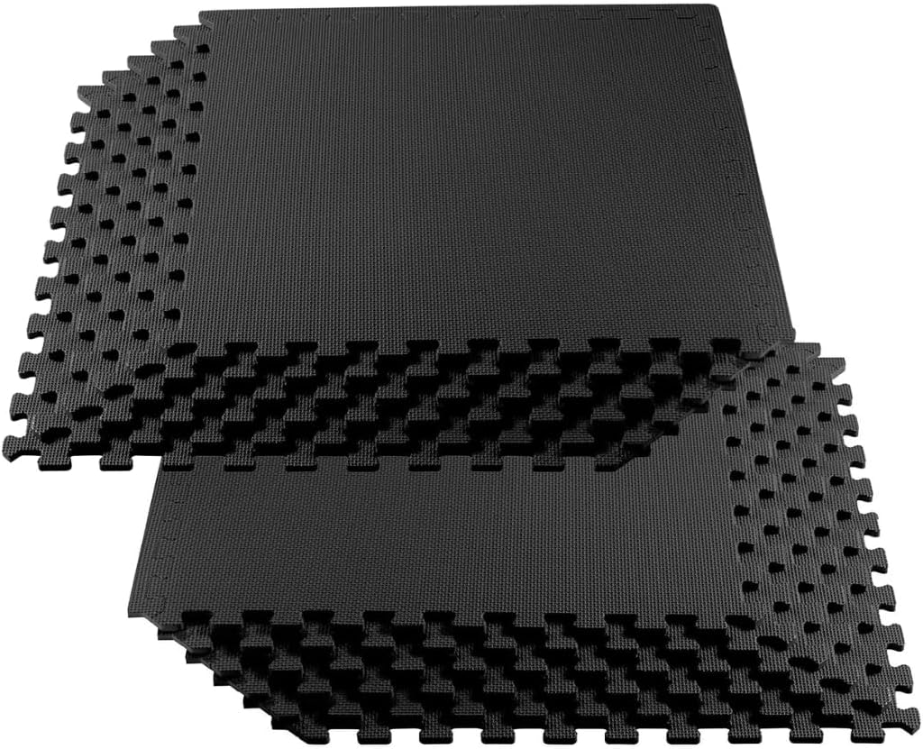 EVA Interlocking Floor Mats 60x60cm – 1.2cm Extra Thick Soft Foam Tiles for Home Gym, Workout, Yoga, Garage, Baby Playroom, Nursery, Exercise Flooring – Black (4 Mats (16 Square Feet))