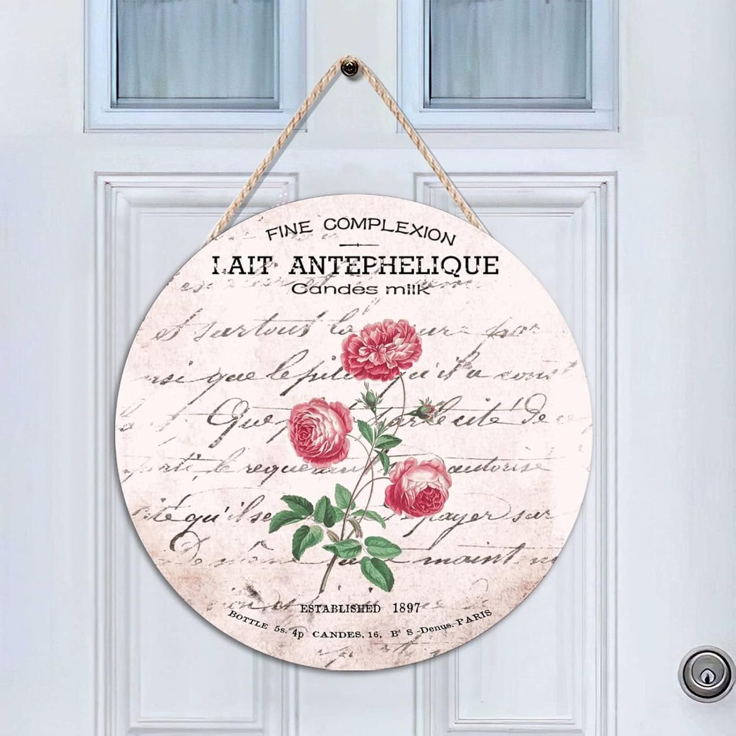 French Vintage Flower Wood Door Sign Floral Round Door Hanger Sign 16x16in Retro Wall Door Hanging Sign for Outdoor Front Porch Farmhouse Front Door Decor Housewarming Gifts