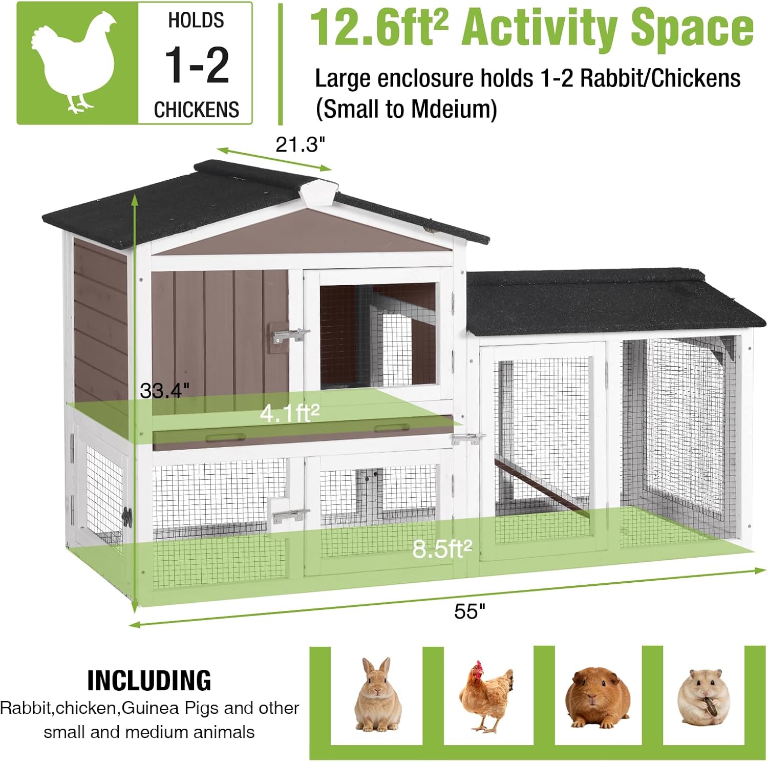 GUTINNEEN Small Chicken Coop for 1–2 Chickens, Expandable Outdoor Rabbit Hutch with Roof, Leakproof Tray,Multiple Doors,57" L x 21" W x 33" H, for Chickens, Bunnys Guinea Pigs, Beginner-Friendly