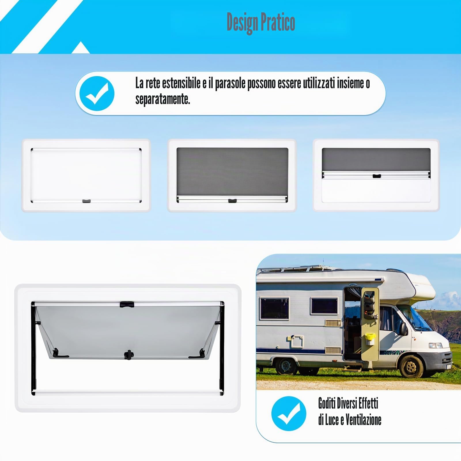 Finestra Laterale per Roulotte, Camper e Furgone - Vetrina Esterna con Spinta Integrata e Zanzariera (900 x 500 mm)